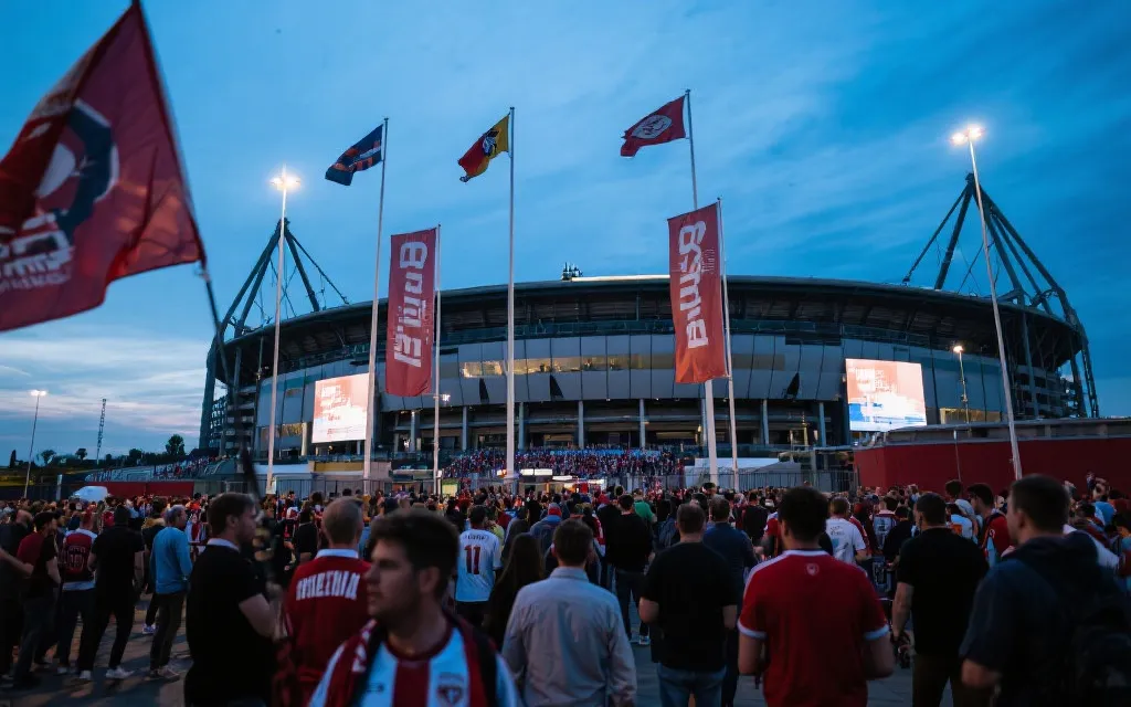 球迷在体育场外集结与散场的人流动线氛围，世界杯决赛观赛体验